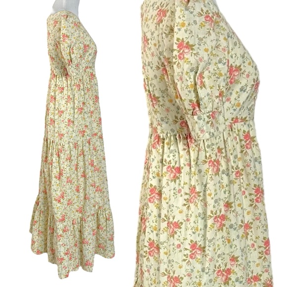 Vintage 60s 70s Ethereal Dainty Prairie Cottage Maxi Dress Ivory Floral XS Small - Picture 4 of 7